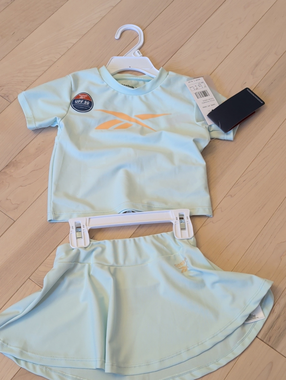 Reebok Light Aqua Girls Rash Guard Set with Peach Logo